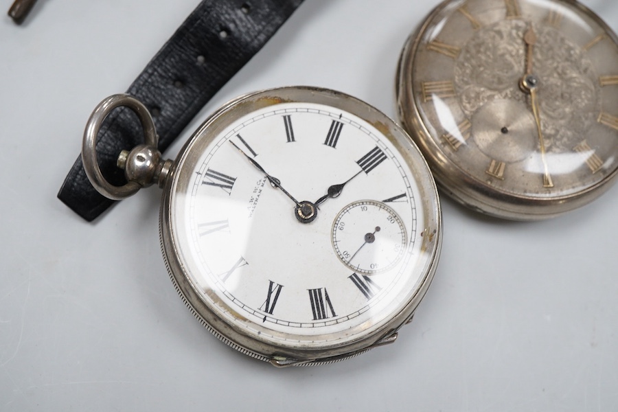 Four assorted silver or white metal open faced pocket watches including Waltham, a brass cased chronograph pocket watch, an Oris steel and gold plated wrist watch and various watch keys.